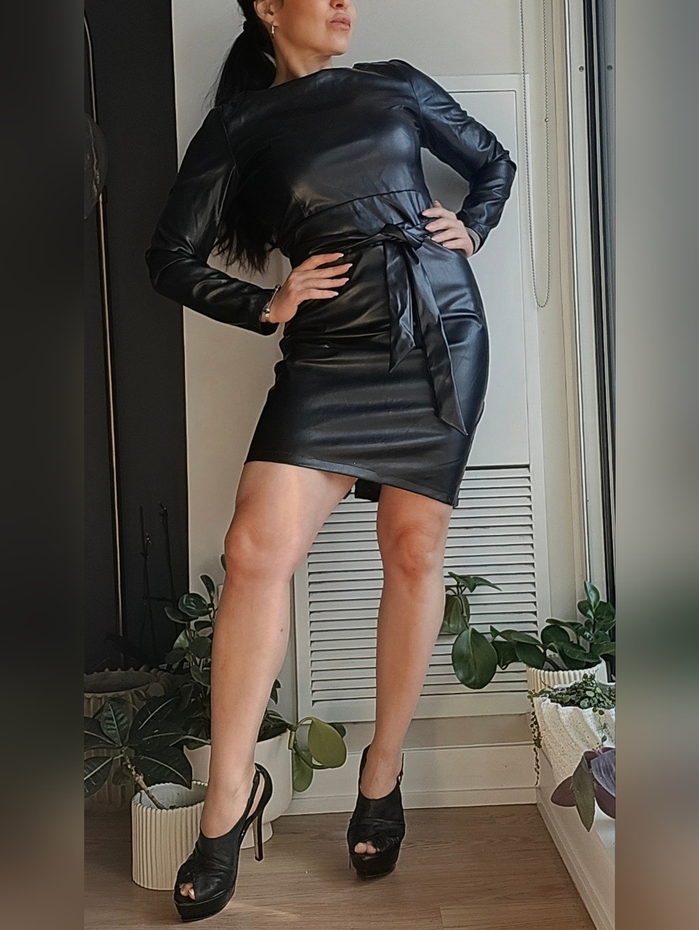 Faux Leather Black Tie-Waist Dress